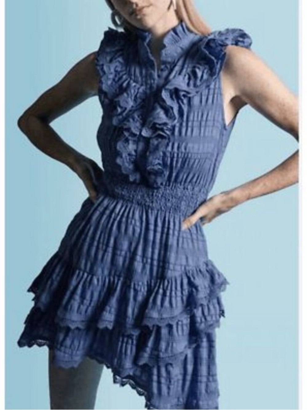 THE SHIRT ROCHELLE BEHRENS Blue Smocked Ruffled Jill Dress Textured Prairie XS